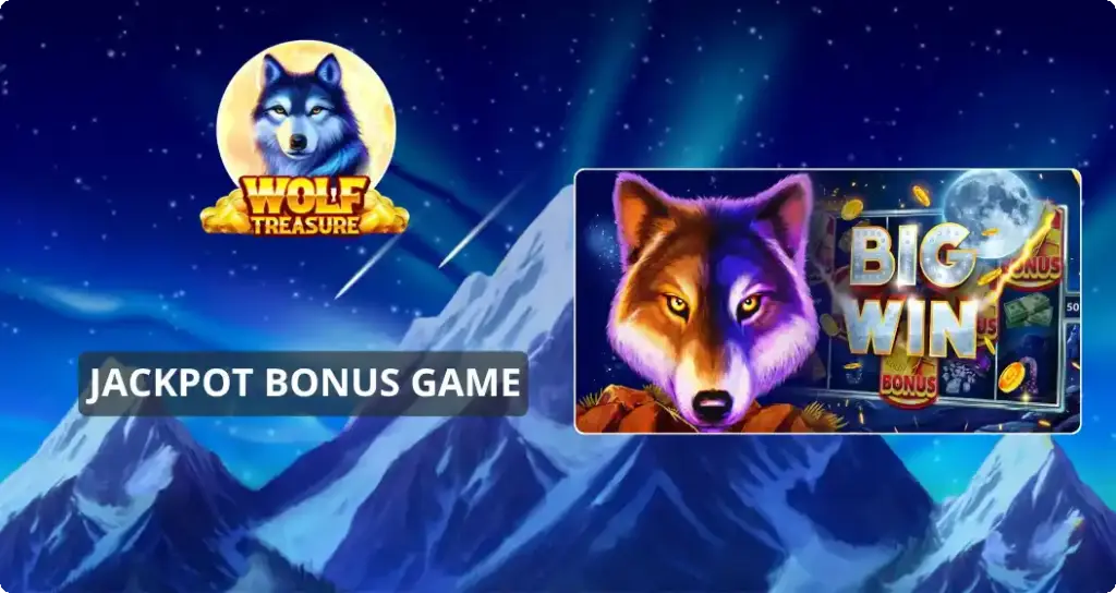 Wolf Treasure Jackpot Bonus Game - Big Win screen with wolf symbol