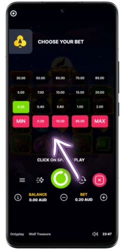 Wolf Treasure bet selector on mobile – AUD 0.20 stake